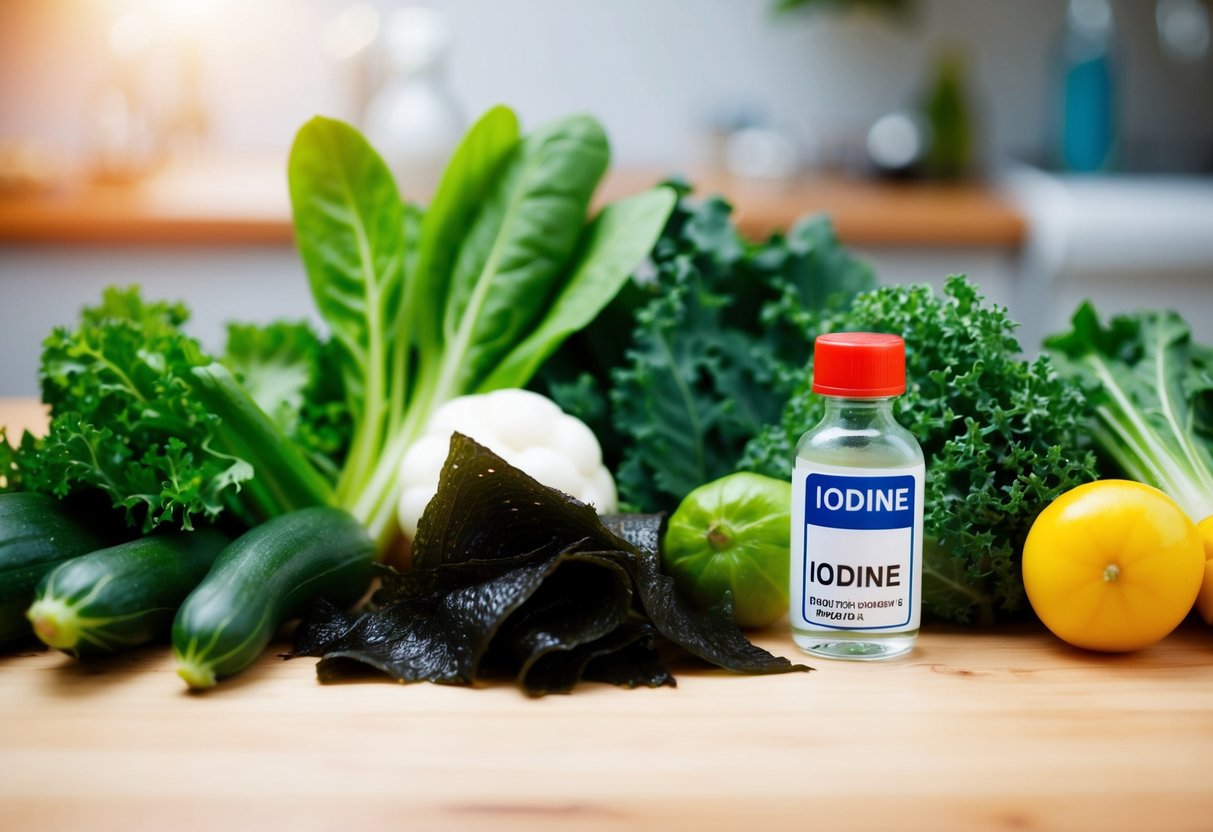 A variety of vegetables such as spinach, kale, and seaweed are arranged on a table, with a small bottle of iodine placed next to them