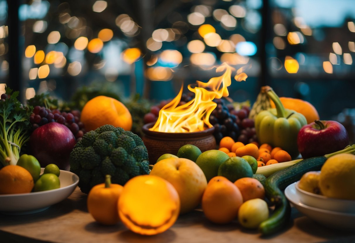 A table with a variety of fruits and vegetables, some of them with a fiery glow, surrounded by swirling waves of discomfort