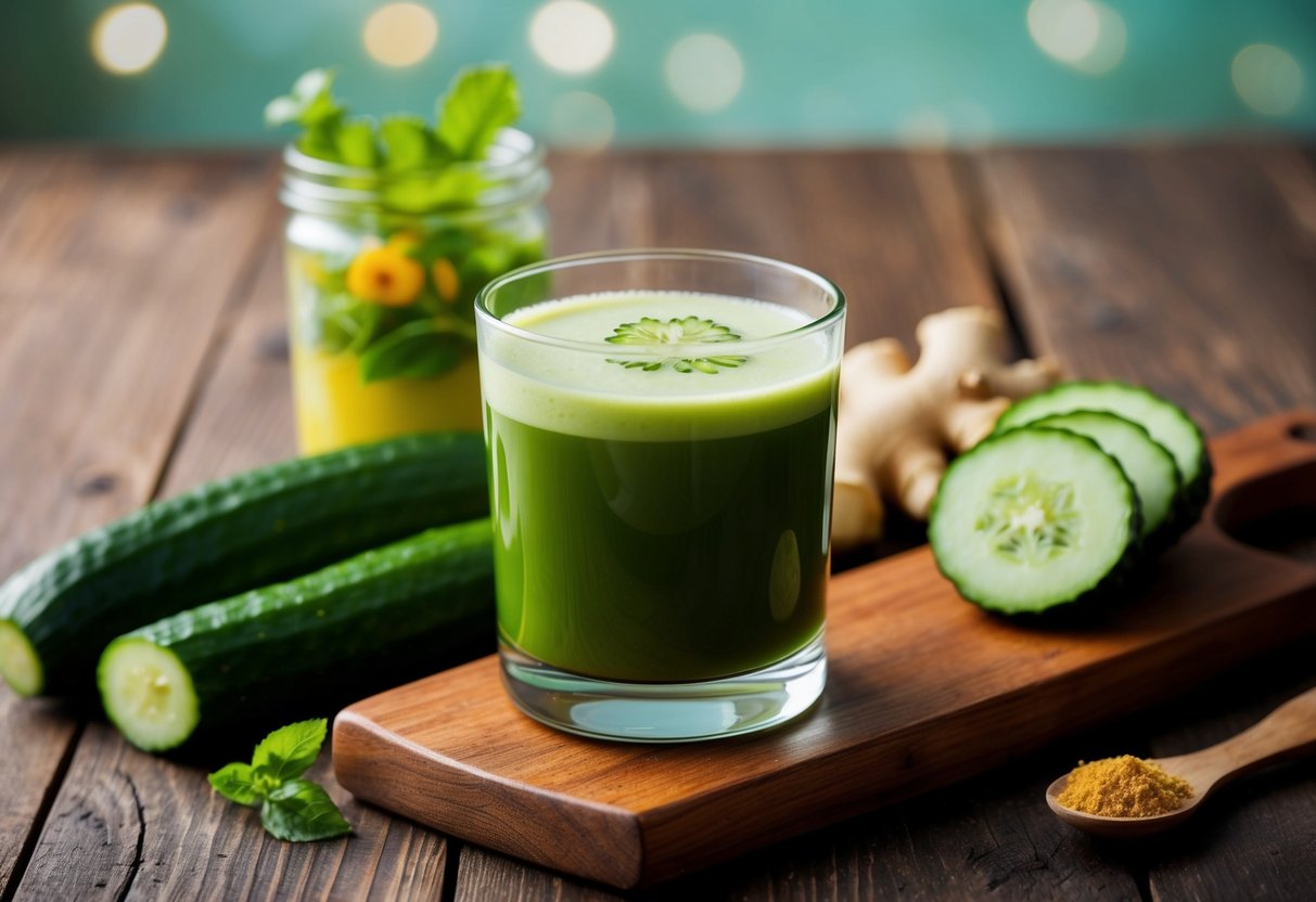A glass of cucumber and ginger green juice on a wooden table with fresh ingredients nearby
