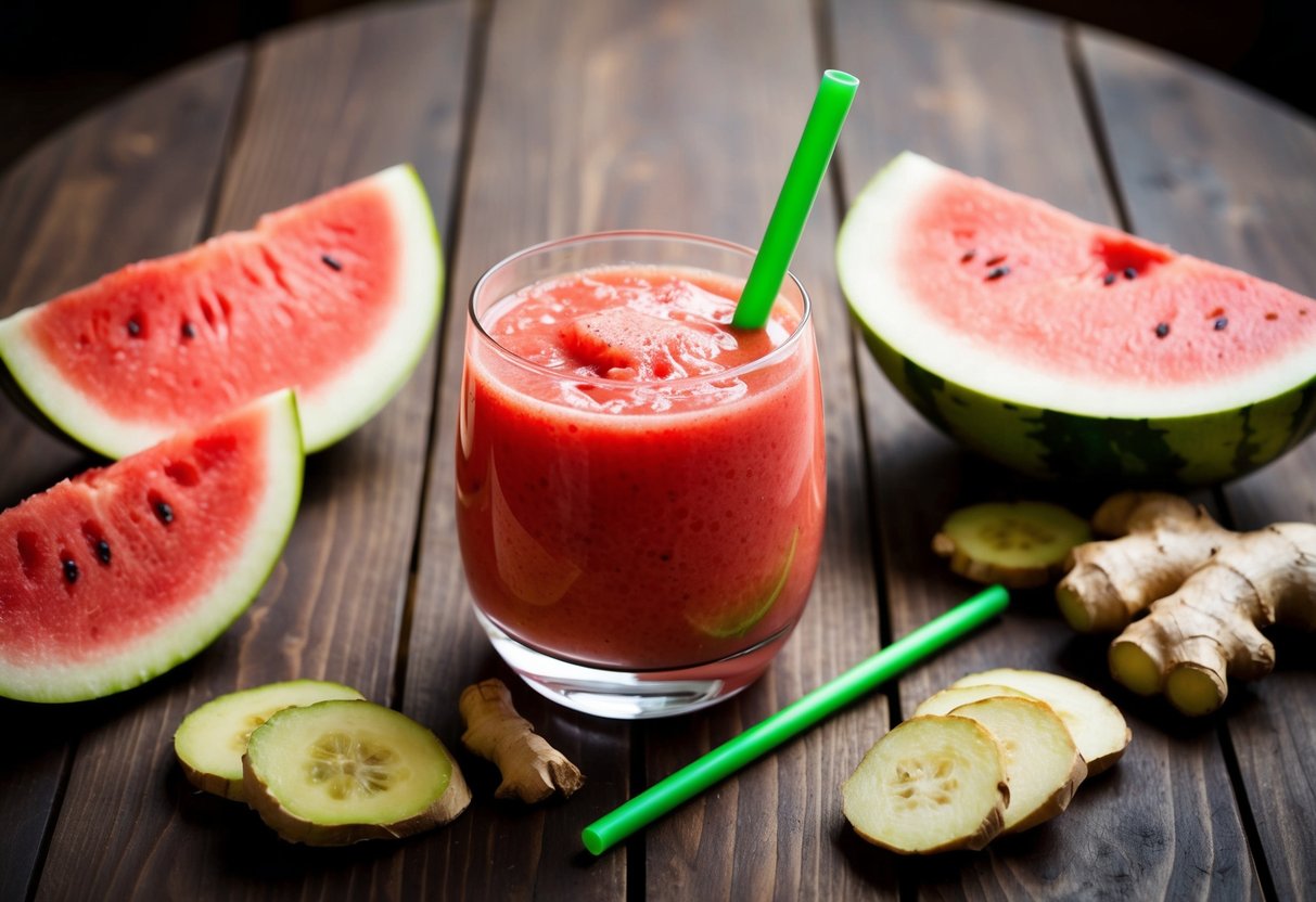 A glass of watermelon ginger detox smoothie sits on a wooden table, surrounded by fresh watermelon slices and ginger root. A vibrant green straw is inserted into the smoothie