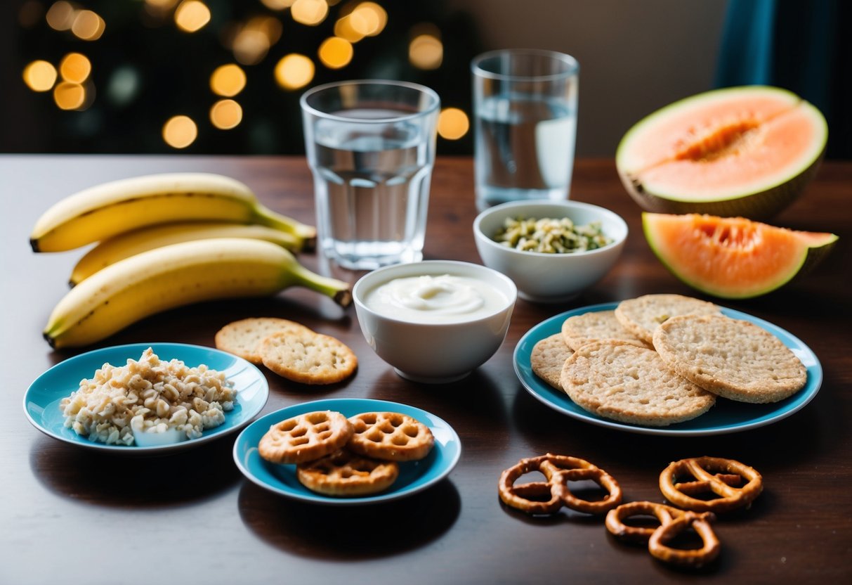 A table with a variety of snacks: oatmeal, banana, yogurt, rice cakes, pretzels, and sliced melon. A glass of water and herbal tea sit nearby