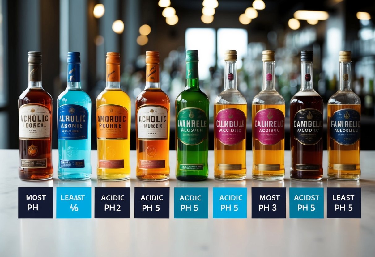 A lineup of alcoholic drinks arranged from most to least acidic, with corresponding pH levels displayed