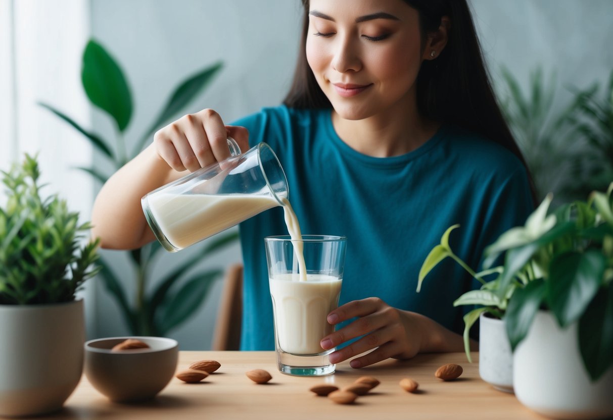 A person pouring almond milk into a glass, with a serene and peaceful expression on their face, surrounded by soothing and calming elements like plants and soft lighting