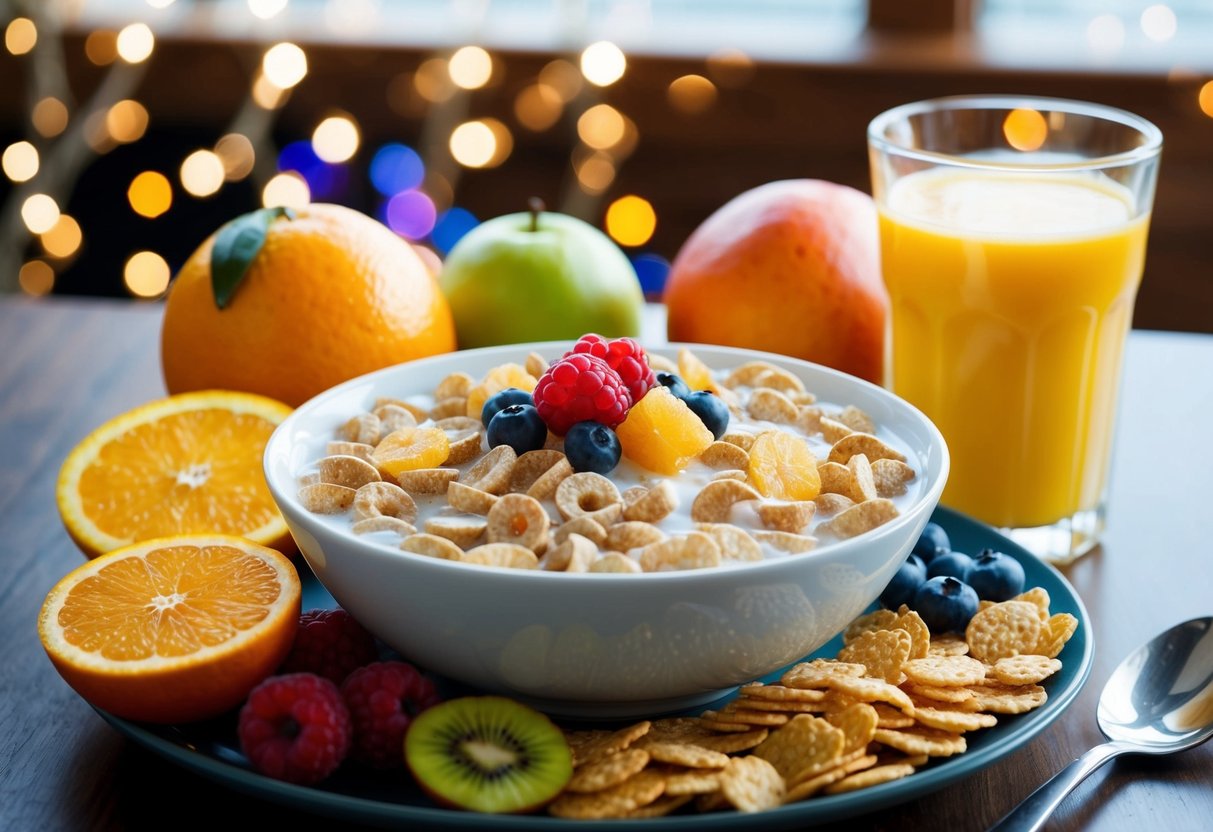 A bowl of various cereals surrounded by colorful fruit and a glass of orange juice