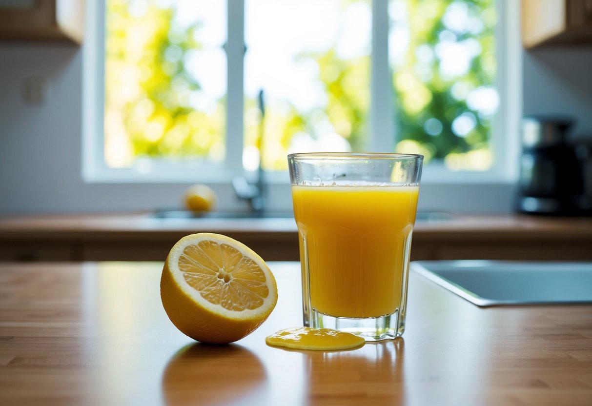 A spilled glass of orange juice and a half-eaten lemon on a kitchen counter