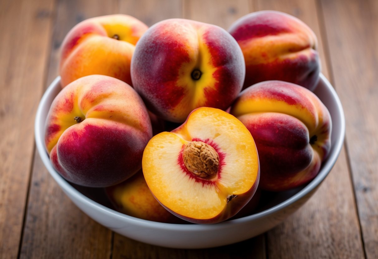 Ripe peaches arranged in a bowl, with one cut open to reveal the juicy flesh and pit