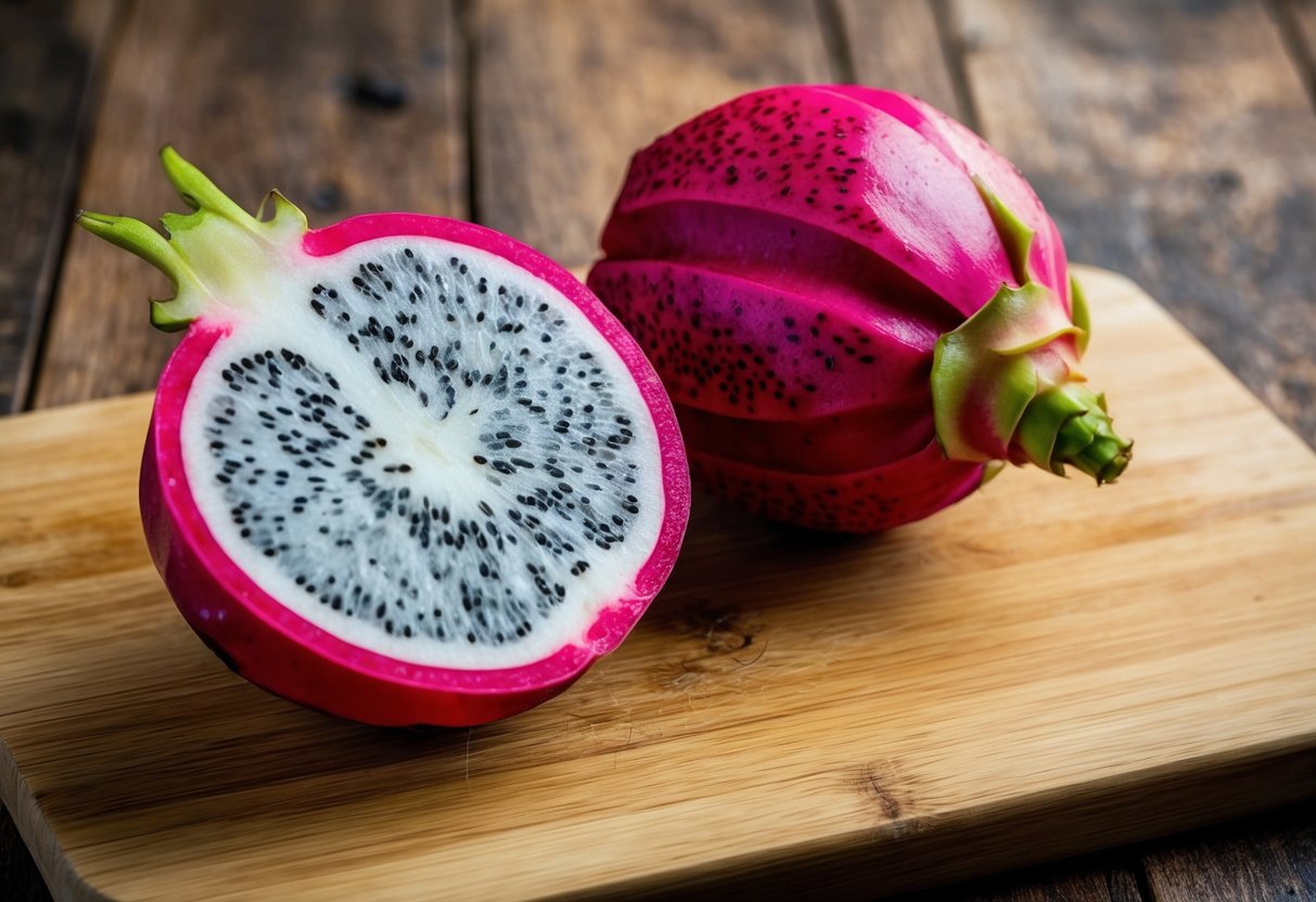 A dragon fruit cut in half, revealing its white or red flesh speckled with black seeds, sits on a wooden cutting board