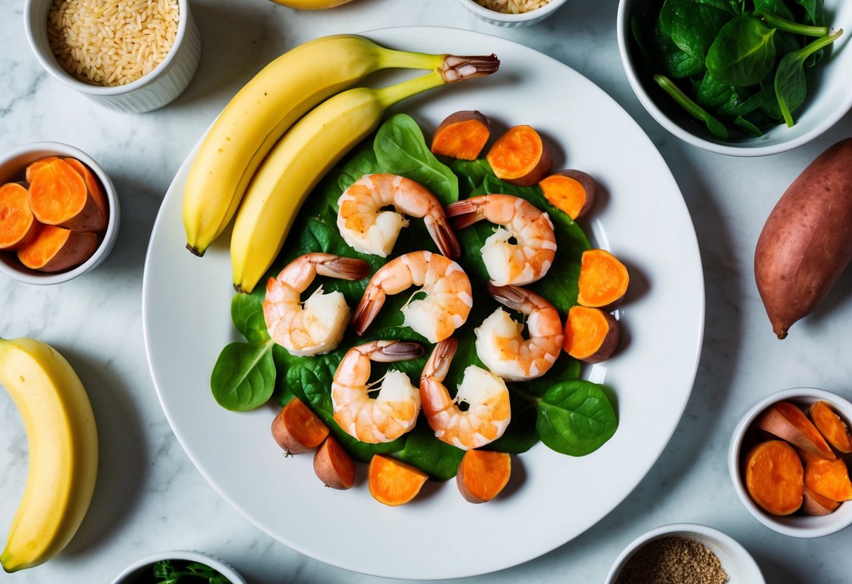 A plate of shrimp surrounded by various high-potassium foods like bananas, sweet potatoes, and spinach