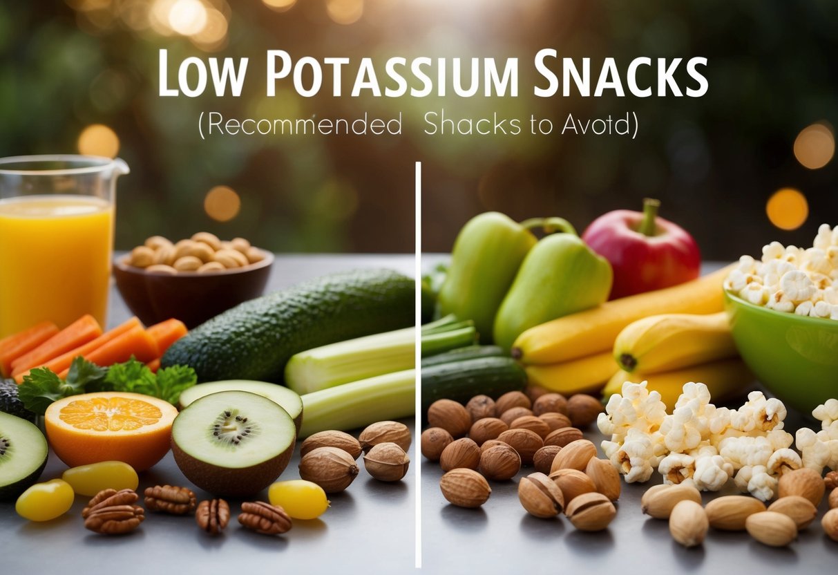 A variety of low potassium snacks are laid out on a table, including fruits, vegetables, nuts, and popcorn. A clear distinction is made between the recommended snacks and the ones to avoid