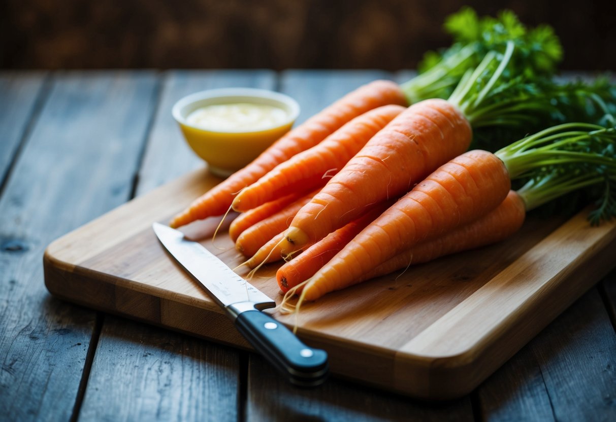 A pile of carrots on a wooden cutting board with a knife beside them. A small bowl of lemon juice sits nearby