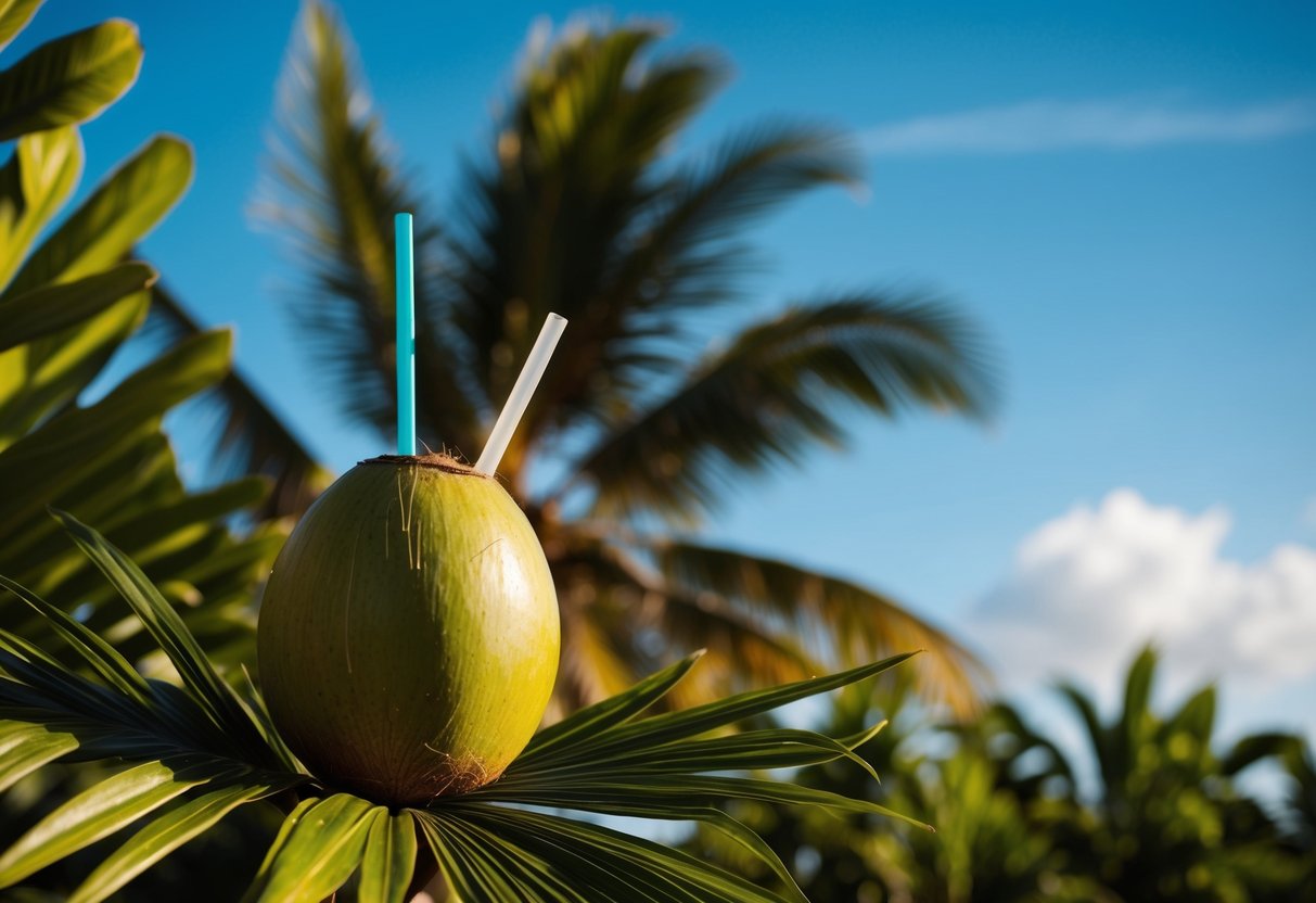 A coconut with a straw inserted into it, surrounded by tropical foliage and a clear blue sky