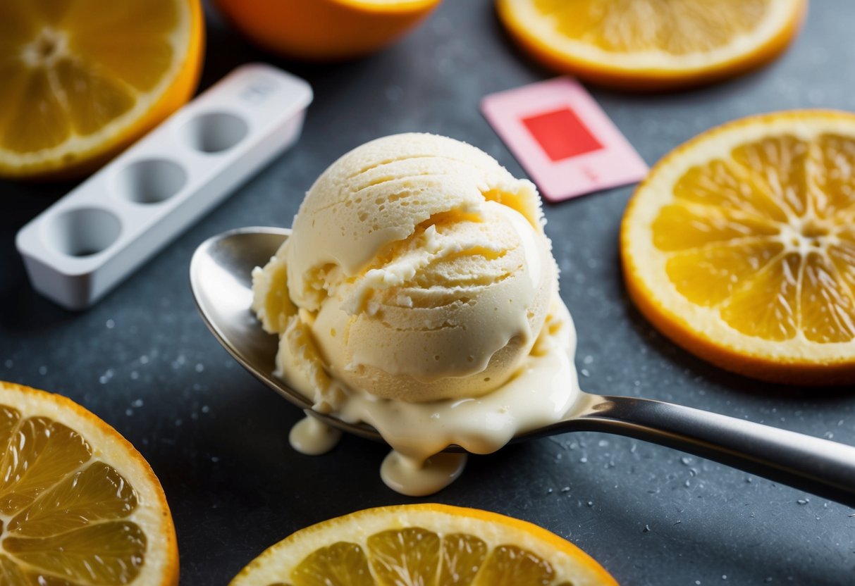 A scoop of ice cream melting on a metal spoon, surrounded by slices of citrus fruits and a litmus paper turning red