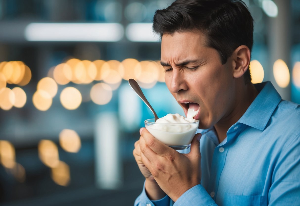 A person eating yogurt, then clutching their chest in discomfort