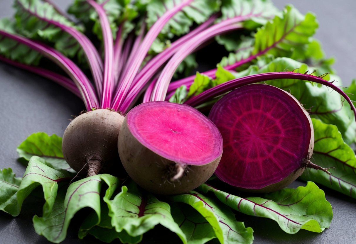 A bunch of beets with vibrant green leaves, arranged in a neat pile, with one beet sliced open to reveal its deep purple flesh