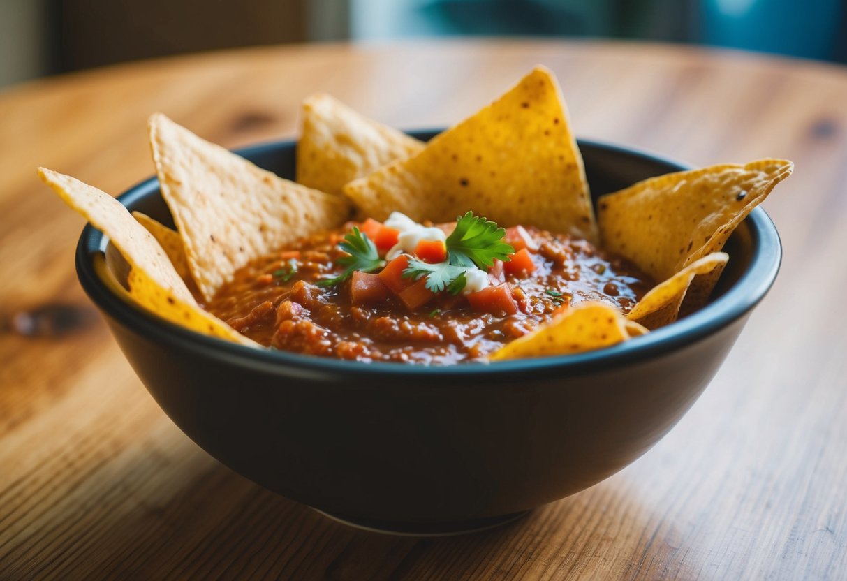 A bowl of tortilla chips with salsa on a wooden table