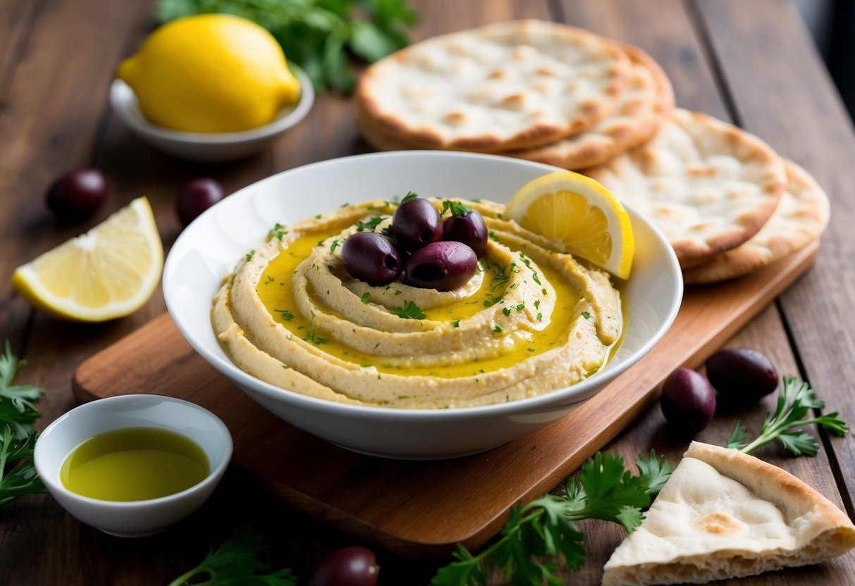A bowl of hummus sits on a wooden table, surrounded by pita bread, olives, and vegetables. A lemon wedge and a small dish of olive oil are nearby