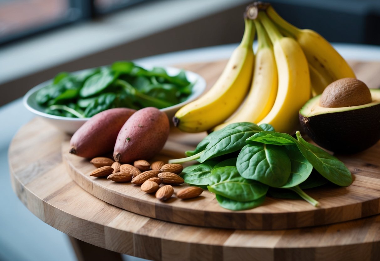 A table with spinach, almonds, bananas, avocados, and sweet potatoes