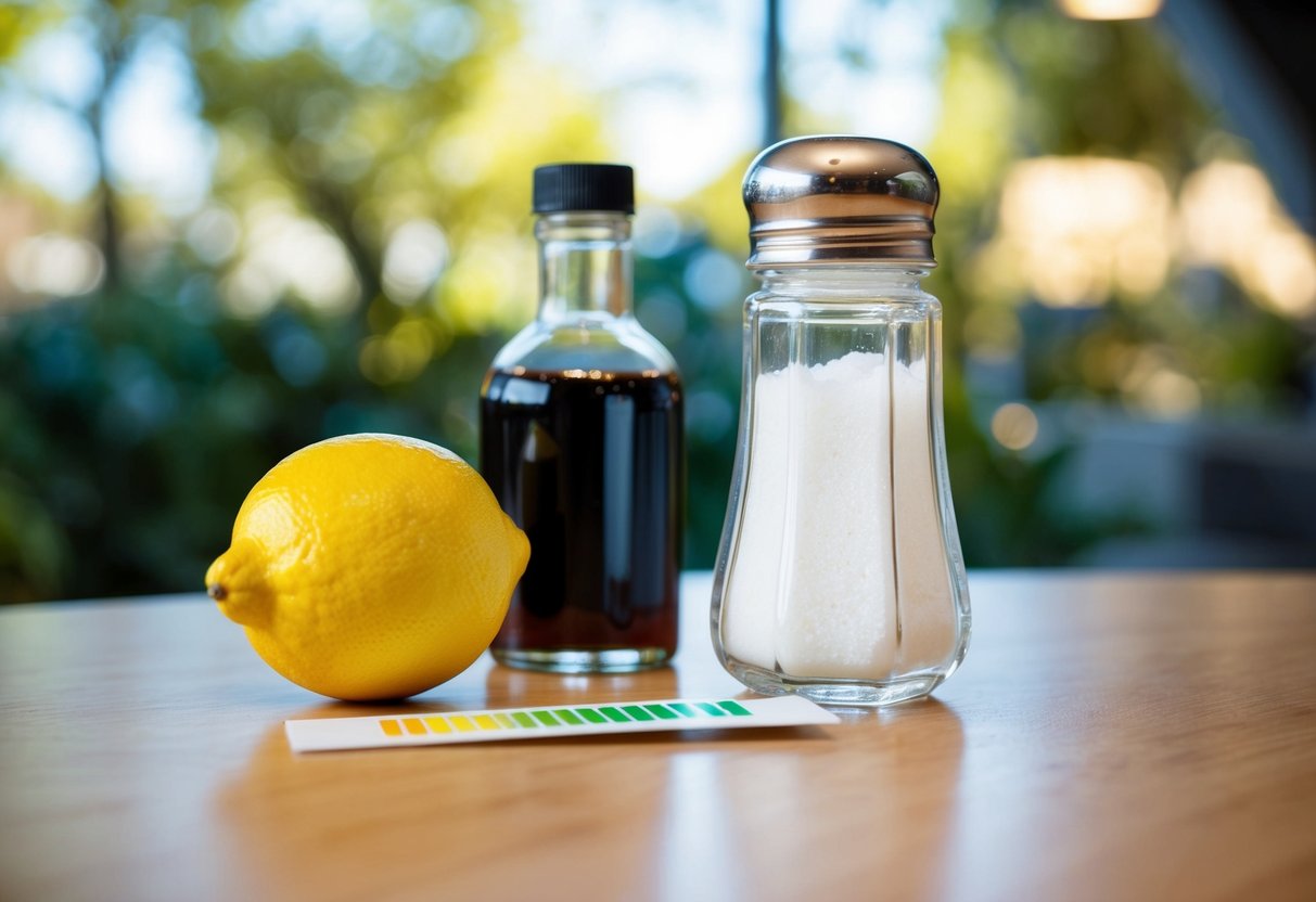 A salt shaker sits on a table next to a lemon, vinegar, and a pH testing strip
