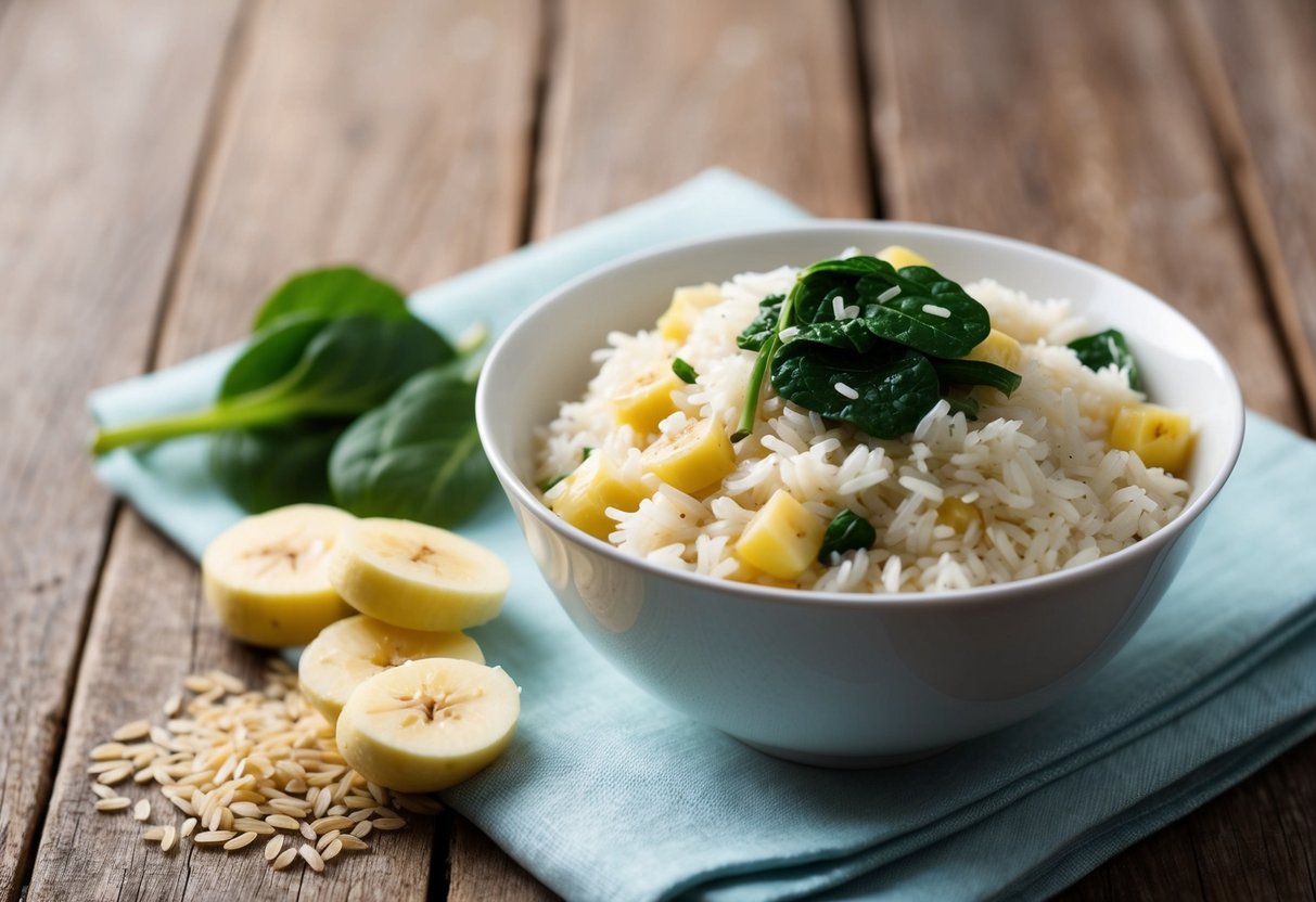 A bowl of cooked rice with a sprinkle of potassium-rich ingredients like bananas or spinach next to it