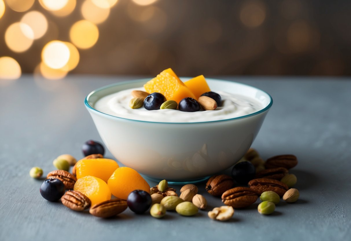 A bowl of Greek yogurt with a variety of potassium-rich fruits and nuts scattered around it