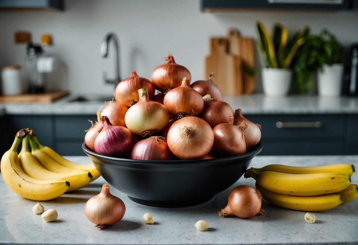 A pile of onions sits on a kitchen counter, with a few scattered potassium-rich bananas nearby