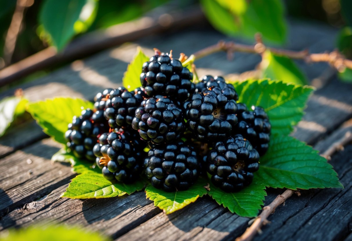 A cluster of ripe blackberries sits on a rustic wooden table, surrounded by leaves and twigs. The dark purple fruit glistens in the sunlight, ready to be picked