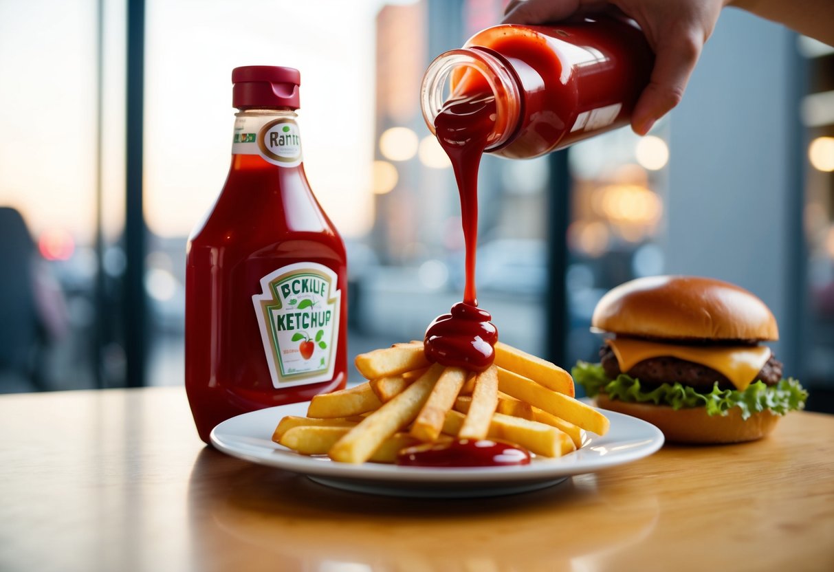 A bottle of ketchup sits next to a plate of fries and a burger. The ketchup is being poured onto the fries, creating a small puddle on the plate