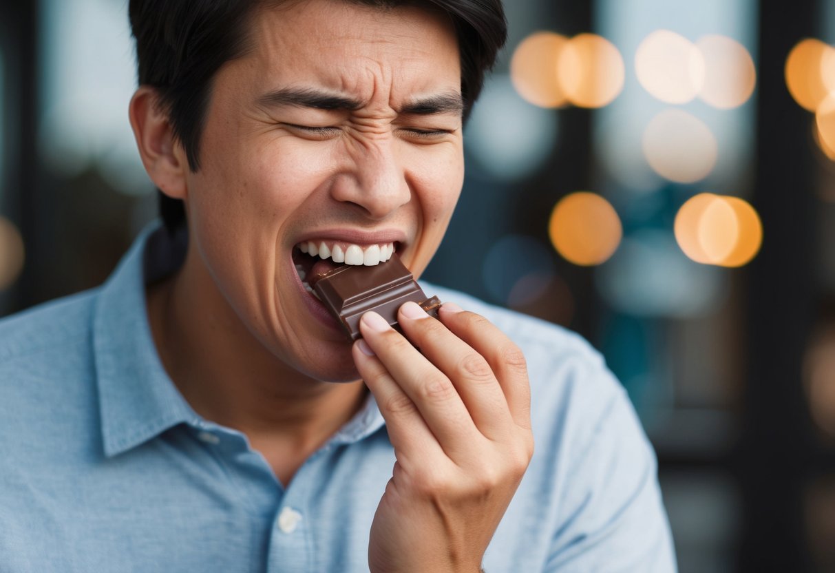 A person eating chocolate, then grimacing in discomfort due to heartburn