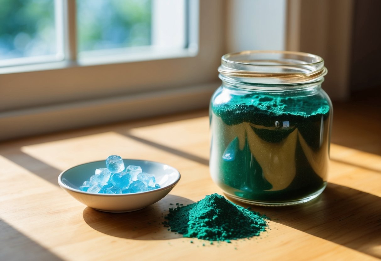 A glass jar filled with spirulina powder sits next to a small dish of iodine crystals on a wooden table. Sunlight streams in through a nearby window, casting soft shadows on the surface