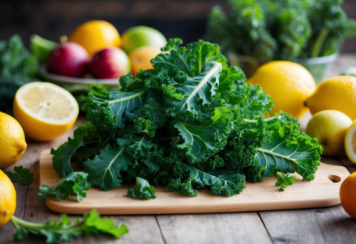 A pile of fresh kale leaves on a cutting board, surrounded by various fruits and vegetables. A lemon cut in half nearby