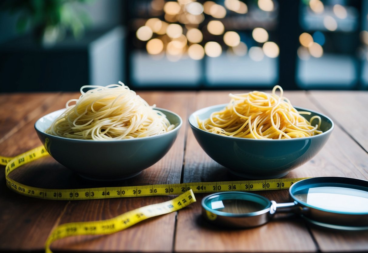 A bowl of vermicelli and angel hair pasta side by side on a wooden table, with a measuring tape and magnifying glass nearby for comparison