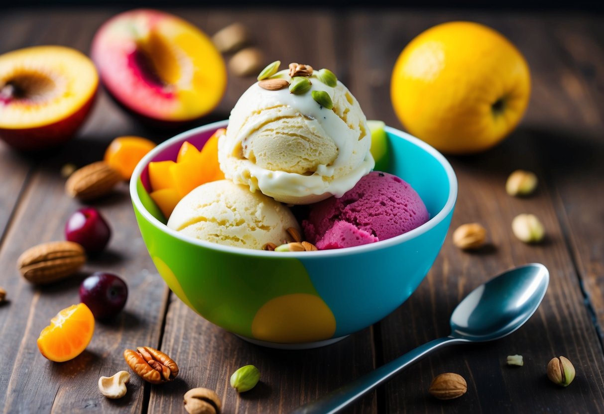 A colorful bowl of vegan ice cream surrounded by fresh fruit and nuts on a wooden table. A spoon rests beside the bowl
