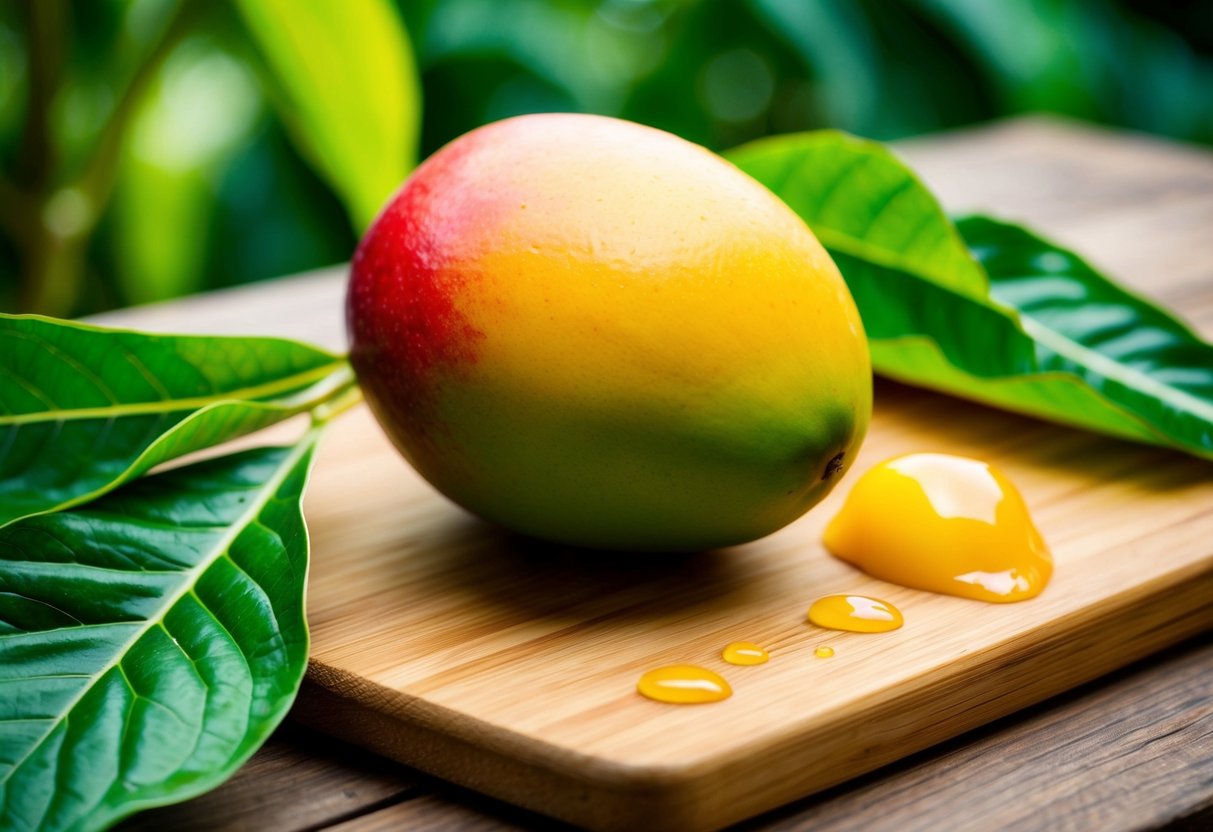 A ripe mango sits on a wooden cutting board, surrounded by vibrant green leaves and a few drops of juice
