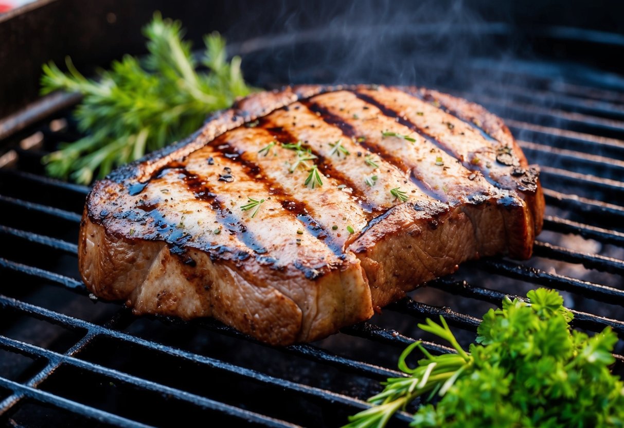 A sizzling steak on a hot grill, with charred grill marks and a juicy center. Surrounding the steak are fresh herbs and seasonings, adding to the savory aroma