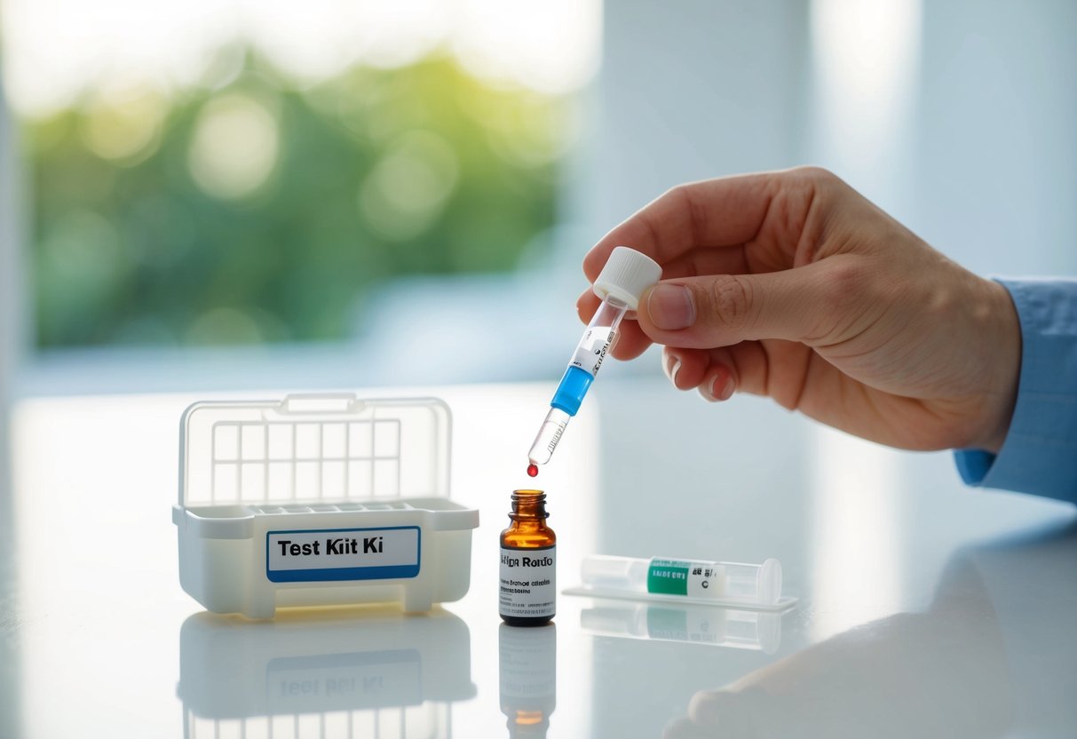 A hand holding a small test kit over a clean white surface with a dropper and vial for collecting a blood sample