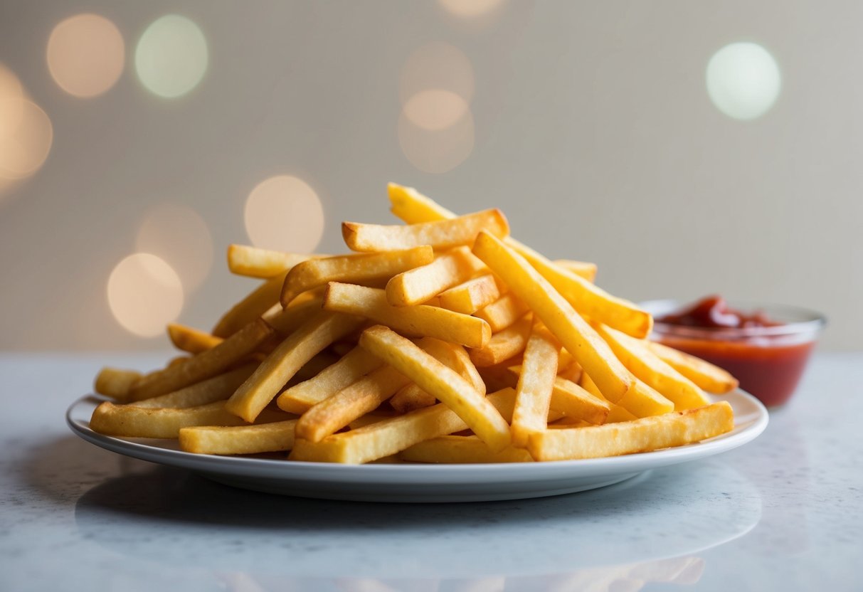 Golden French fries piled on a plate, with a side of ketchup, against a simple background