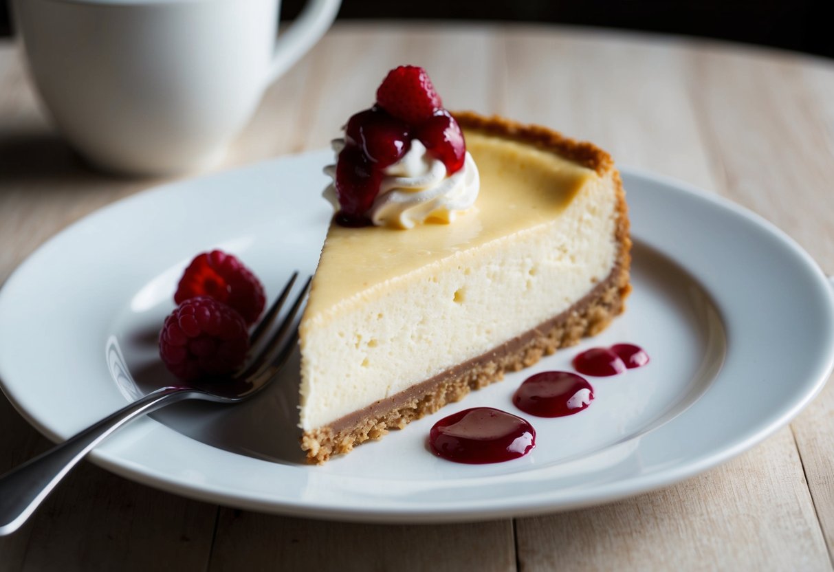 A slice of cheesecake sits on a white plate, surrounded by a dollop of whipped cream and a drizzle of raspberry sauce. A fork rests on the edge of the plate