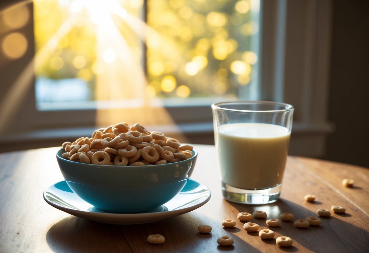 A bowl of Cheerios sits on a wooden table next to a glass of milk. Sunlight streams in from a nearby window, casting a warm glow over the scene