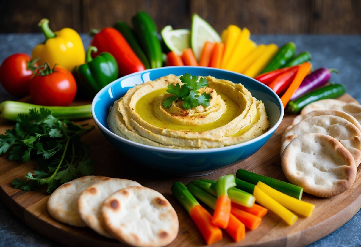 A bowl of hummus surrounded by colorful, freshly cut vegetables and pita bread on a wooden serving board