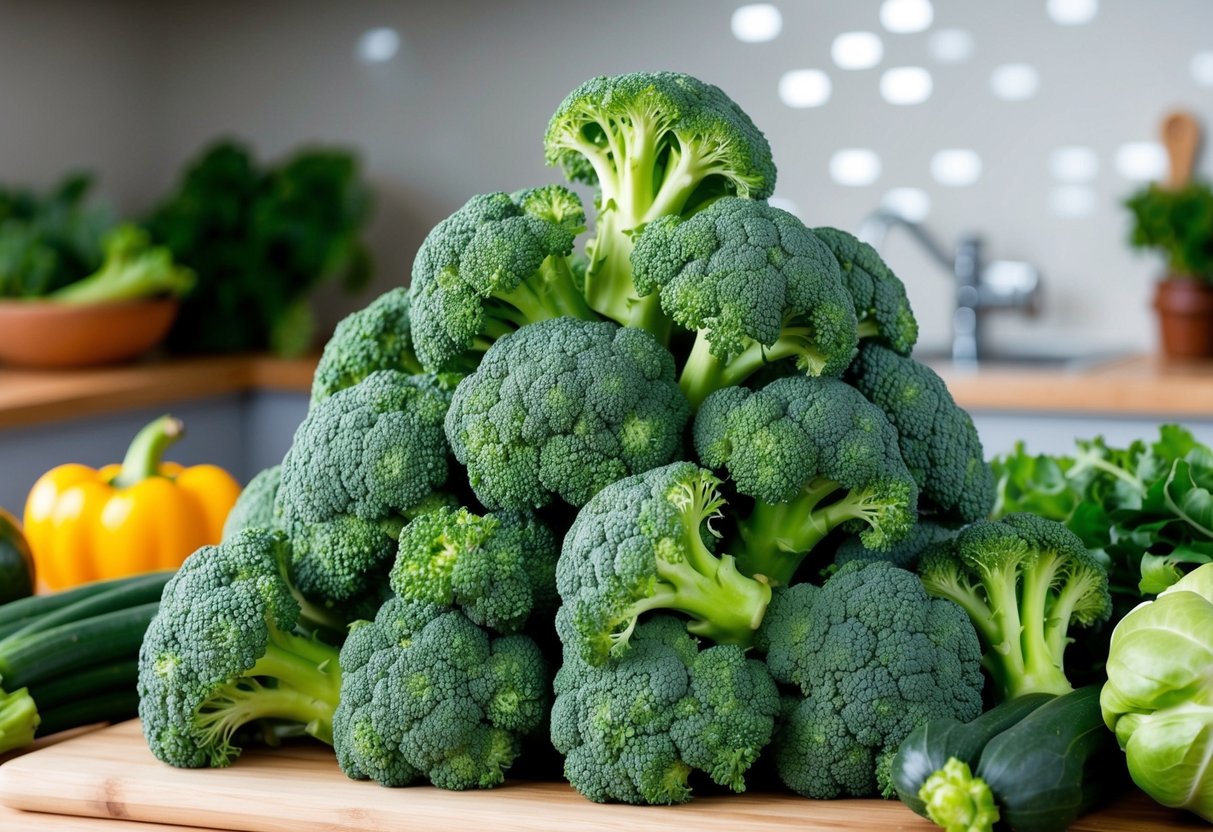 A pile of broccoli sits on a kitchen counter, surrounded by other vegetables. The vibrant green color of the broccoli contrasts with the other items
