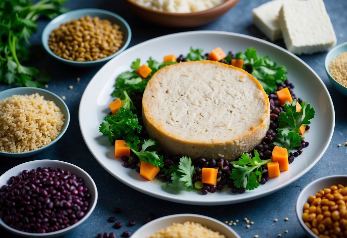 A plate of seitan surrounded by various plant-based protein sources, such as lentils, quinoa, and tofu