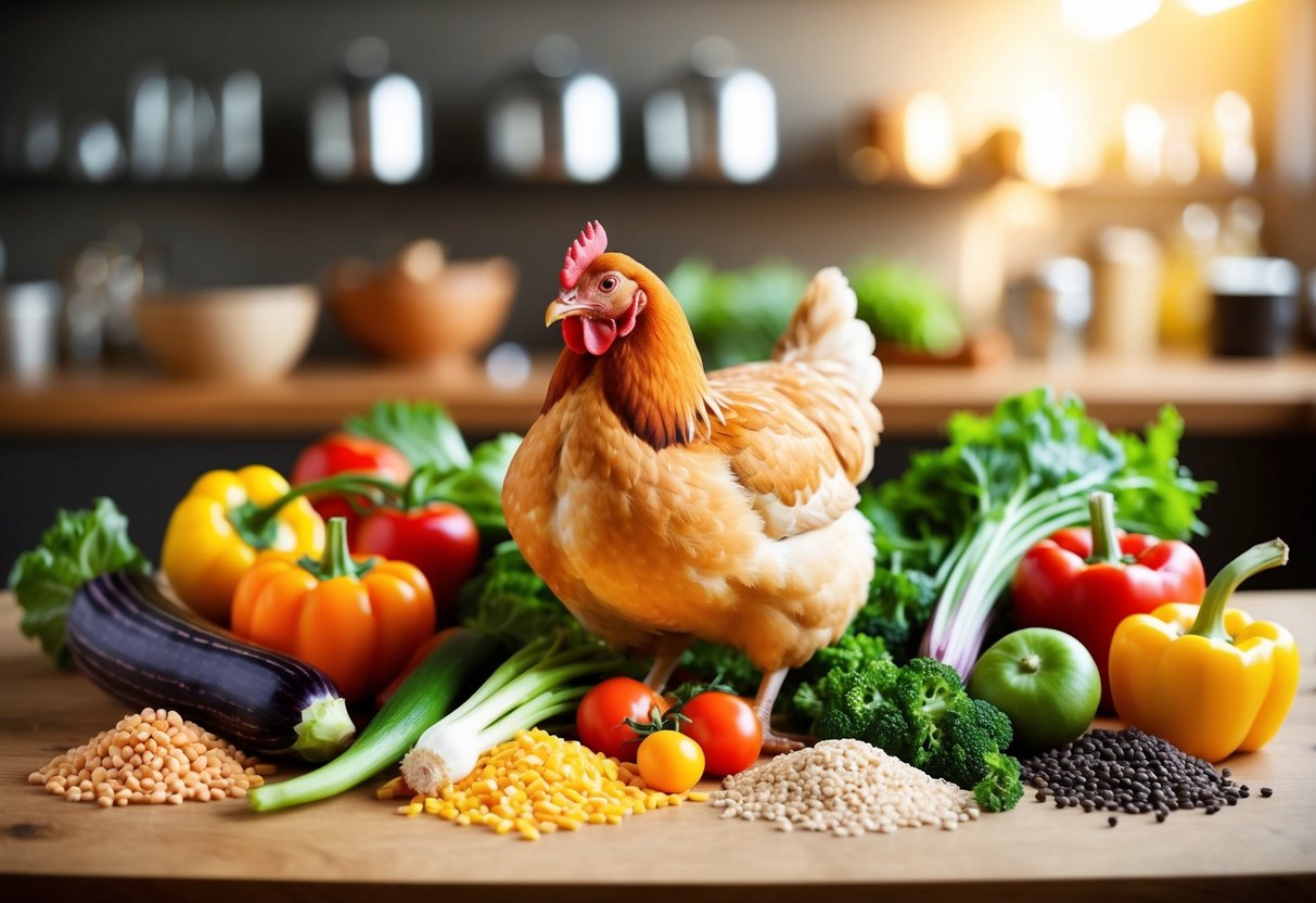 A plump chicken surrounded by a variety of colorful vegetables and grains, symbolizing a complete protein source