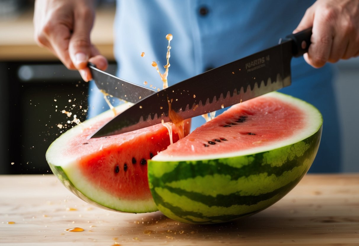 A watermelon being sliced by an iron blade, with juice splattering