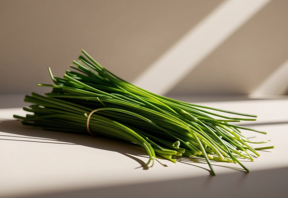 A vibrant bunch of chives, set against a neutral background, with a soft light casting delicate shadows
