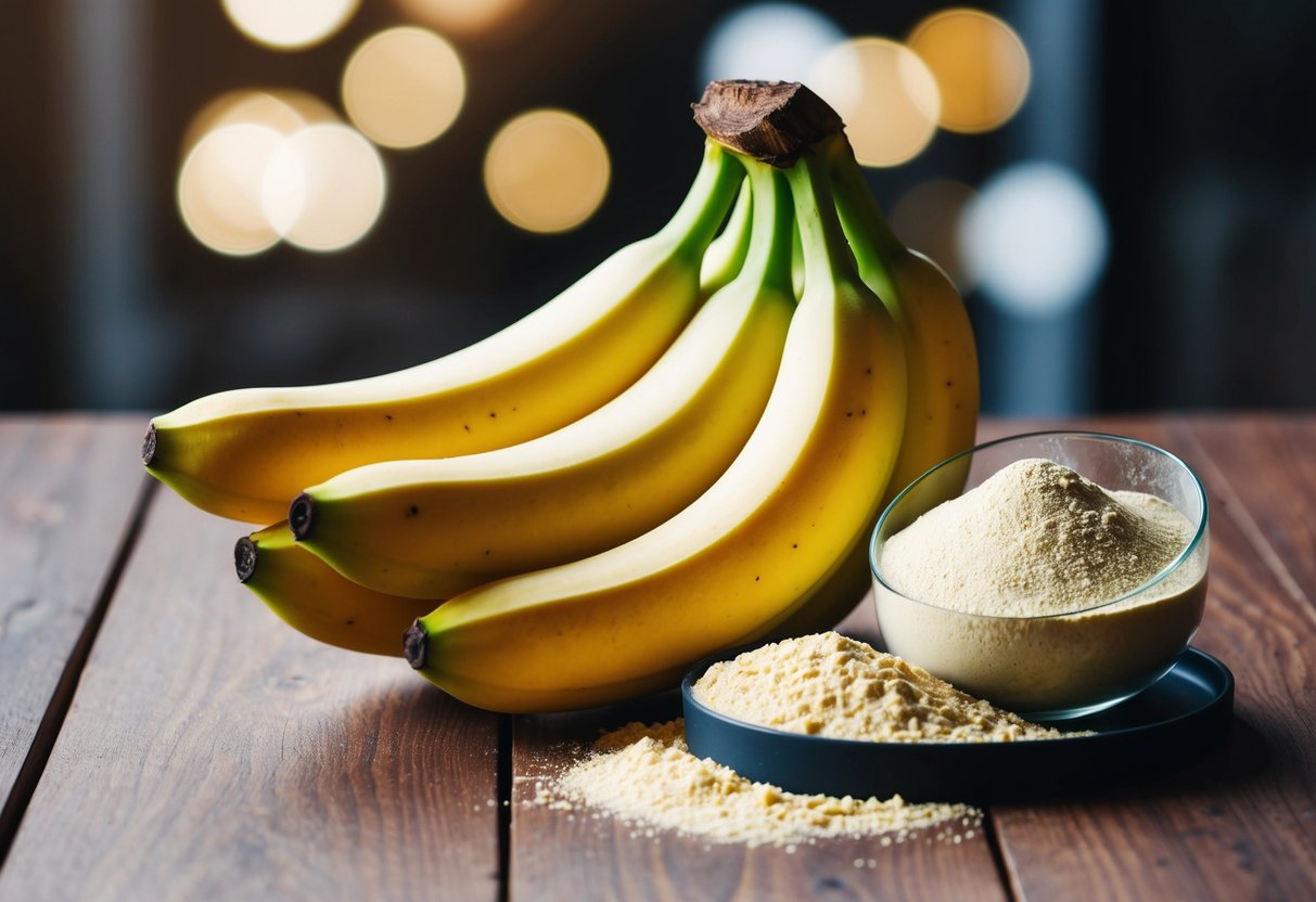 A bunch of ripe bananas sitting next to a scoop of protein powder on a wooden tabletop